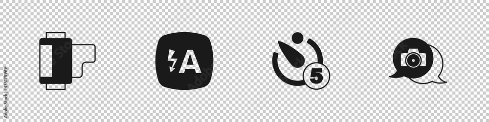 Set Camera roll cartridge, Auto flash, timer and Photo camera icon. Vector Set Camera roll cartridge, Auto flash, timer and Photo camera icon. Vector