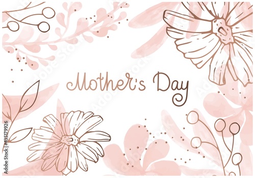 Minimal floral background with pink and golden tropical flowers and leaves. Vector illustartion with lettering. Mothers Day holiday