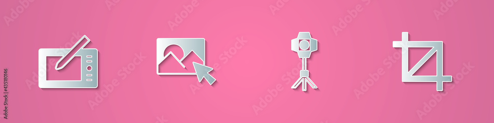 Obraz premium Set paper cut Graphic tablet, Photo retouching, Softbox light and Picture crop photo icon. Paper art style. Vector