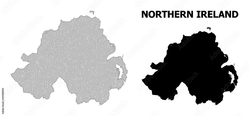 Polygonal mesh map of Northern Ireland in high detail resolution. Mesh lines, triangles and points form map of Northern Ireland.