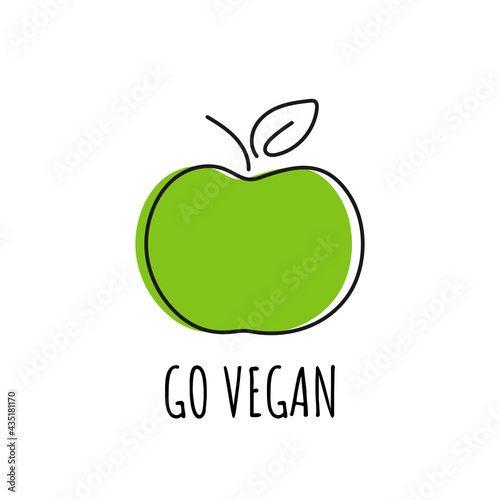 Green apple with go vegan text isolated on white background. Vector illustration