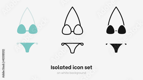 Woman swimsuit vector icon set. Bikini collection. Woman swimwear and beach underwear for summer holidays, swimming and scuba. Flat bikini clothing icons vector illustration