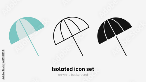 Beach umbrella icon set. Isolated beach umbrella on white background. Parasol protetct from sun and make shadow and chill on sand at sea and ocean beach. Sunlight protetcion icon and design element