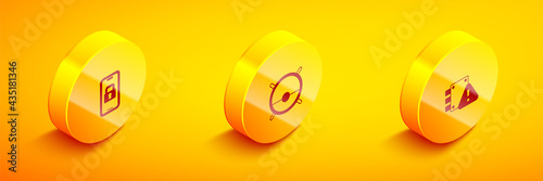 Set Isometric Digital door lock, Robot vacuum cleaner and House under protection icon. Vector