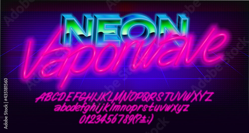 Neon Vaporwave alphabet font. Glowing neon letters, numbers and punctuations. Uppercase and lowercase. Vector typescript for your typography design.