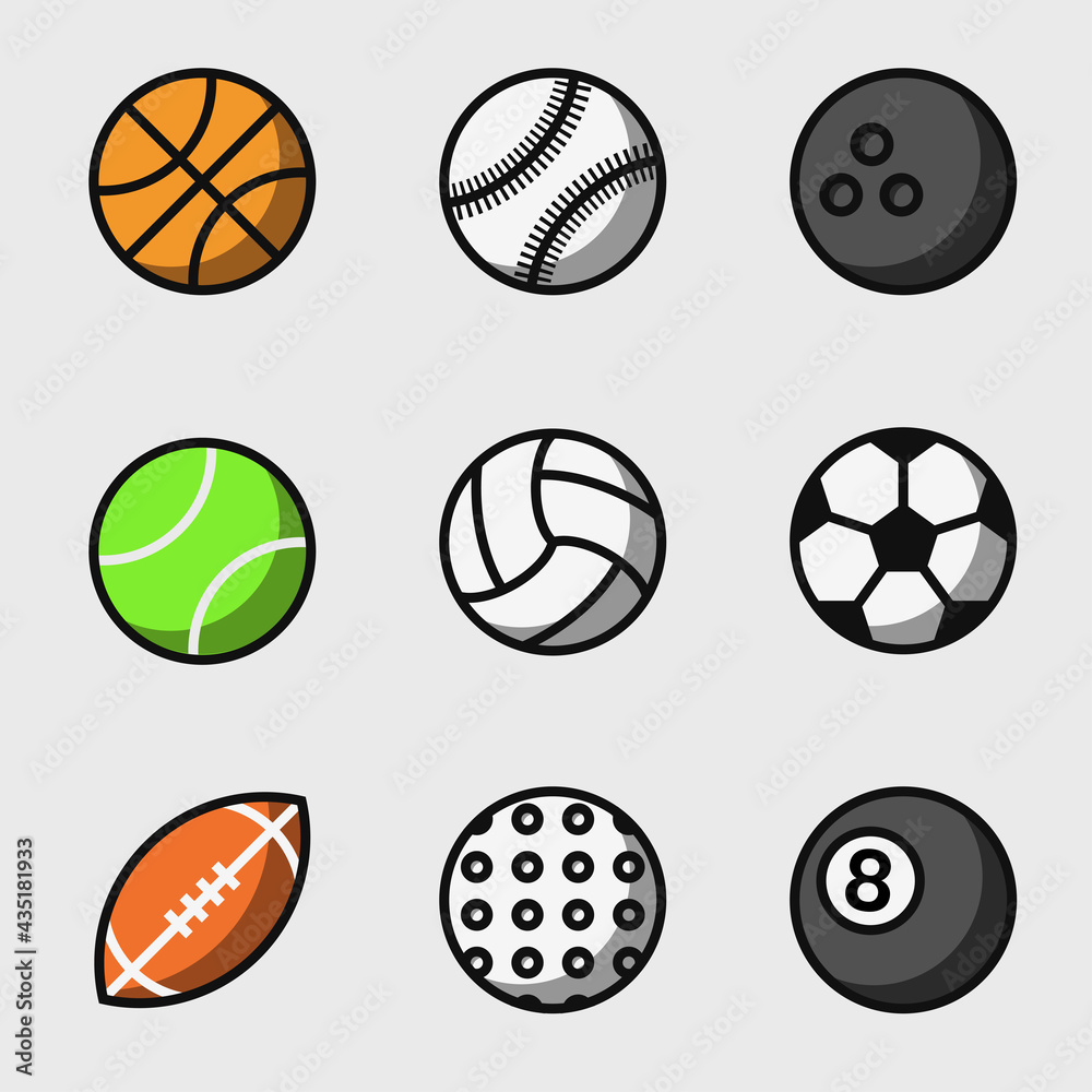 Ball icon set. Set of balls for sport, activity and game. Ball pictogram isolated on white background. Sport equipment. Vector illustration
