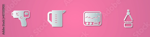 Set paper cut Digital thermometer, Measuring cup, instrument and Drawing compass icon. Paper art style. Vector