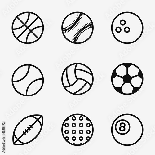 Ball icon set. Set of balls for sport  activity and game. Ball pictogram isolated on white background. Sport equipment. Vector illustration