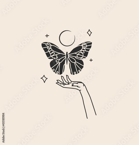 Hand drawn vector abstract stock flat graphic illustration with logo element,bohemian magic art of butterfly,crescent silhouette in woman hand,simple style for branding,isolated on color background