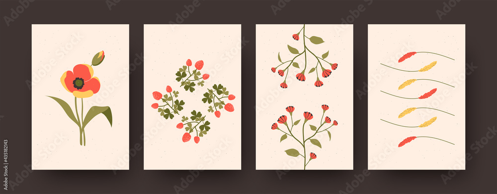 Herbal illustration set in pastel colors. Decorative flowers, ripe red berries on beige background. Flowers and blossom concept for banners, postcard designs or backgrounds