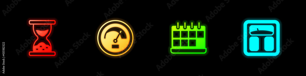 Set Old hourglass with sand, Speedometer, Calendar and Bathroom scales icon. Vector Set Old hourglass with sand, Speedometer, Calendar and Bathroom scales icon. Vector