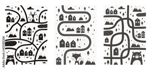 Monochrome Scandinavian vector maze. Cartoon roads with house  tree and car for kids. Vector maze cartoon poster. You can use it to print on the carpet for the decor of the children s room.