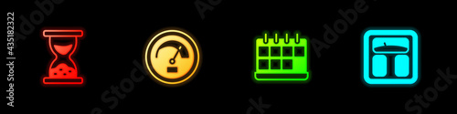 Set Old hourglass with sand, Speedometer, Calendar and Bathroom scales icon. Vector