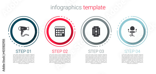 Set Hair dryer, Calendar with haircut day, Blade razor and Barbershop chair. Business infographic template. Vector