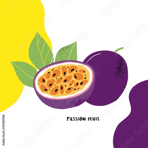 Vector illustration of passion fruit. Hand drawn vector with print passion fruit. Fresh juicy summer print. 