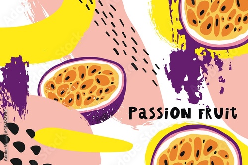 Vector illustration of passion fruit. Hand drawn vector with print passion fruit. Fresh juicy summer print. 