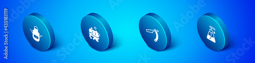 Set Isometric Barber apron, Straight razor, Cream cosmetic tube and of soap with foam icon. Vector