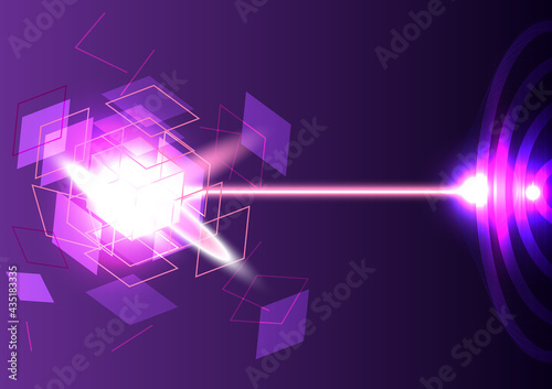 Abstract neon background. Laser is shooting to the cube explosion. Purple screen for technology futuristic