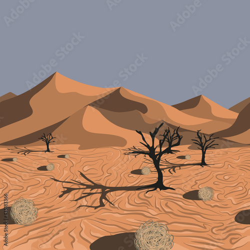 Panorama of an African desert with its flora. Tumbleweed balls and dead trees in front of the sandhills. Horizontal seamless pattern. 