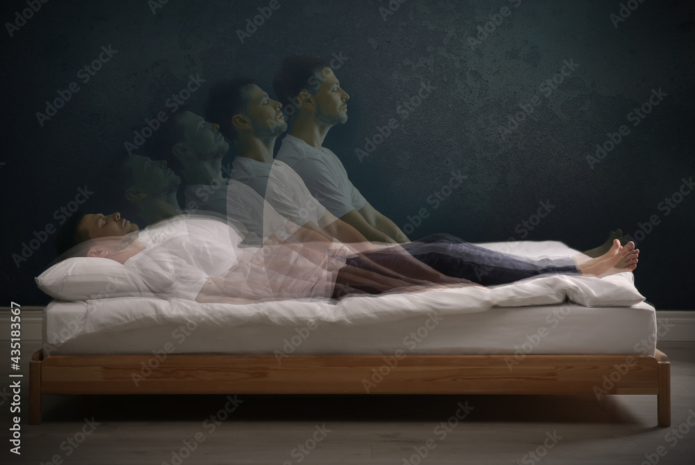 Somnambulist rising from bed near dark wall indoors, multiple exposure. Sleepwalking - obrazy, fototapety, plakaty 