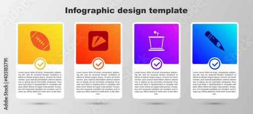 Set American football ball, Paper airplane, Stage stand and Pencil with eraser. Business infographic template. Vector