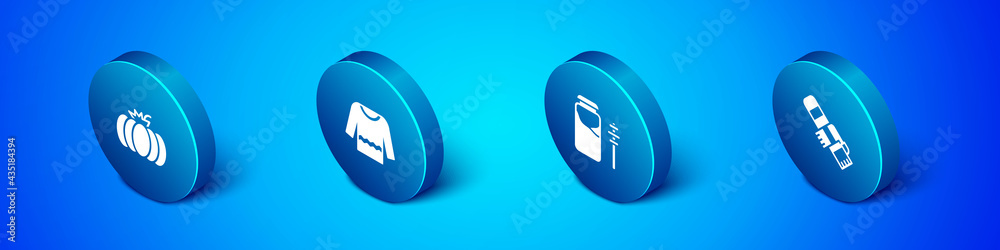 Set Isometric Pumpkin, Jar of honey and dipper stick, Winter scarf and Sweater icon. Vector Set Isometric Pumpkin, Jar of honey and dipper stick, Winter scarf and Sweater icon. Vector