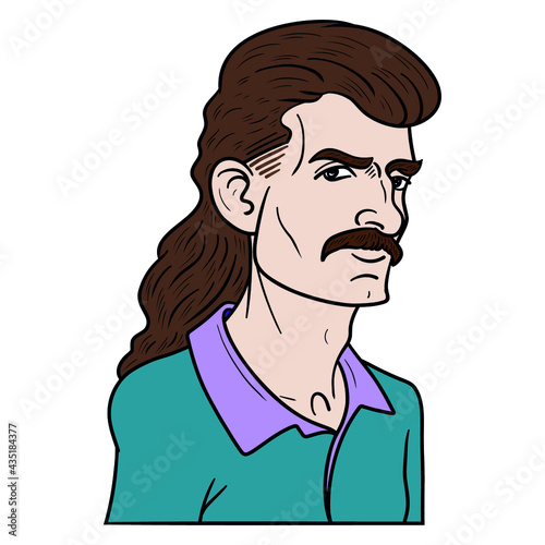 comic drawing of a man with a mullet and mustache. vector, outline. photo