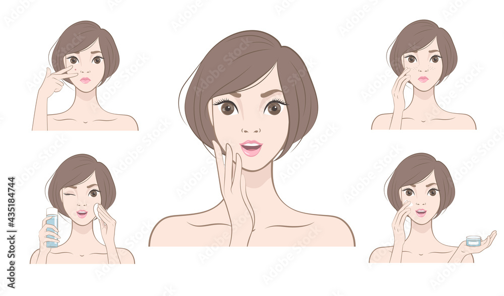 Problem skin care. Set of vector illustrations. A beautiful Japanese girl applies spine cream to her face. The girl uses acne lotion. Problem skin care. Set of vector illustrations. A beautiful Japanese girl applies spine cream to her face. The girl uses acne lotion.