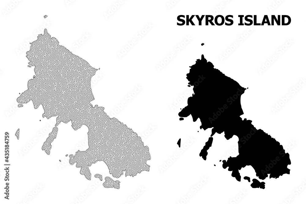Polygonal mesh map of Skyros Island in high detail resolution. Mesh lines, triangles and points form map of Skyros Island.