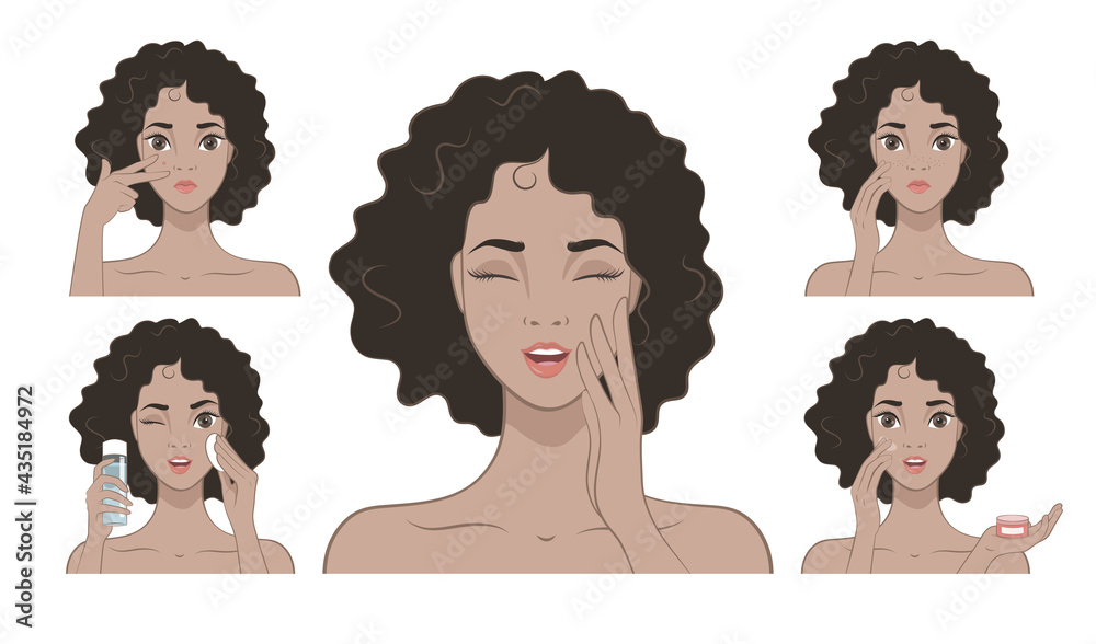 Problem skin care. Set of vector illustrations. A beautiful African American girl applies spine cream to her face. The girl uses acne lotion. Problem skin care. Set of vector illustrations. A beautiful African American girl applies spine cream to her face. The girl uses acne lotion.