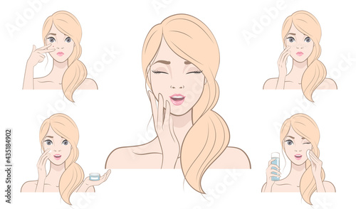 Problem skin care. Set of vector illustrations. A beautiful blonde girl applies spine cream to her face. The girl uses acne lotion.