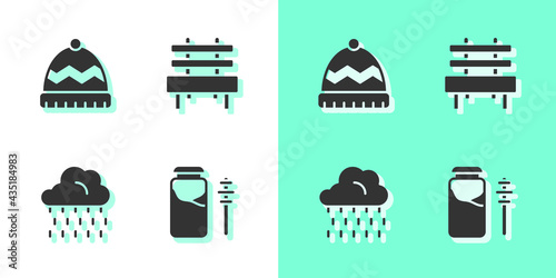 Set Jar of honey and dipper stick, Winter hat, Cloud with rain and Bench icon. Vector