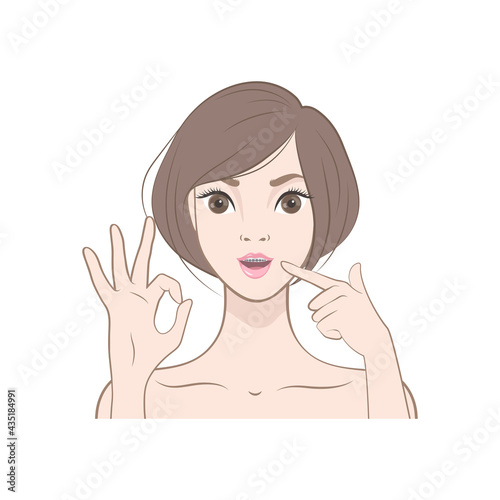 Dental care. Face of a young Japanese woman with braces on her teeth. Vector illustration