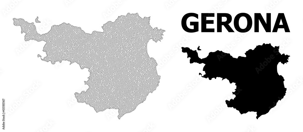 Polygonal mesh map of Gerona Province in high detail resolution. Mesh lines, triangles and points form map of Gerona Province.