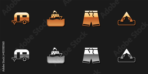 Set Rv Camping trailer, Cruise ship, Swimming trunks and Tourist tent icon. Vector