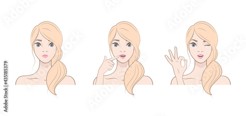 Dental care. Set of images. Blonde woman with braces on her teeth