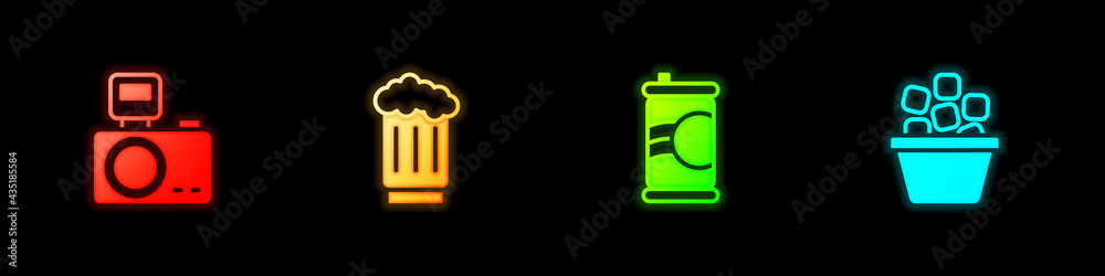 Set Photo camera with flash, Wooden beer mug, Soda can and Ice bucket icon. Vector Set Photo camera with flash, Wooden beer mug, Soda can and Ice bucket icon. Vector
