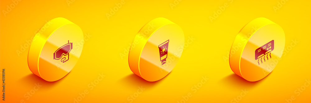 Set Isometric Diving mask, Sunscreen cream tube and Air conditioner icon. Vector Set Isometric Diving mask, Sunscreen cream tube and Air conditioner icon. Vector
