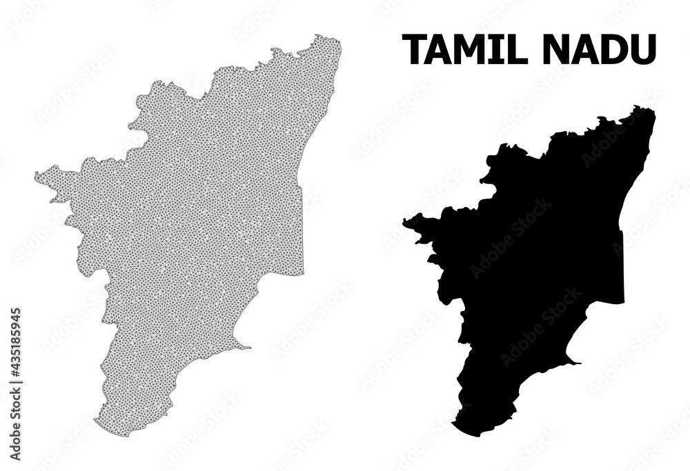 Polygonal mesh map of Tamil Nadu State in high detail resolution. Mesh lines, triangles and points form map of Tamil Nadu State.