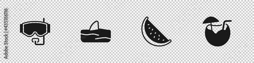 Set Diving mask, Shark fin ocean wave, Watermelon and Coconut cocktail icon. Vector