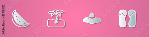 Set paper cut Watermelon, Tropical palm tree, Elegant women hat and Flip flops icon. Paper art style. Vector