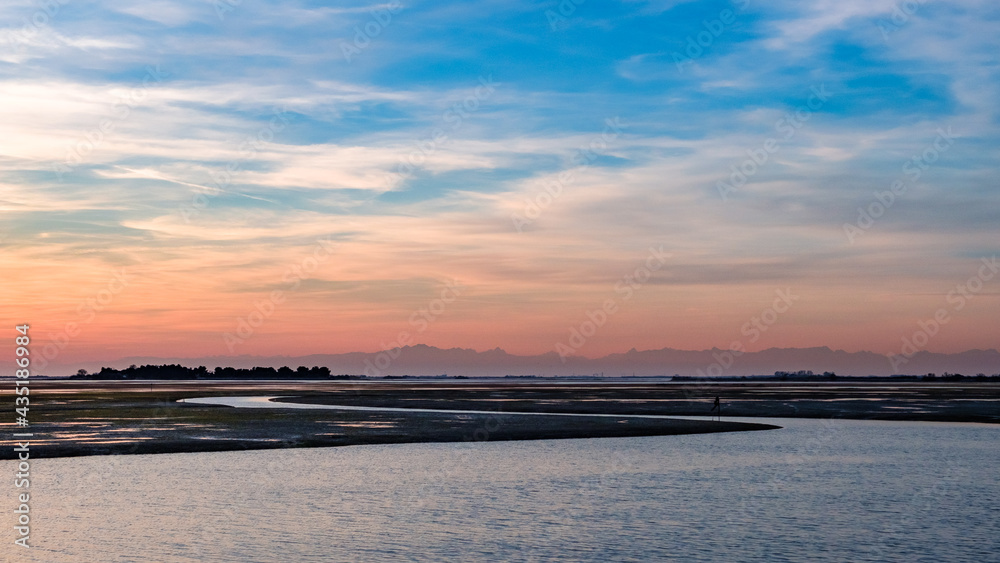 Spring sunset in the lagoon of Grado