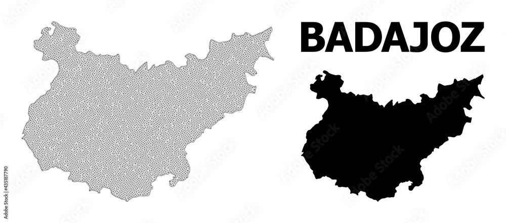 Polygonal mesh map of Badajoz Province in high detail resolution. Mesh lines, triangles and dots form map of Badajoz Province.
