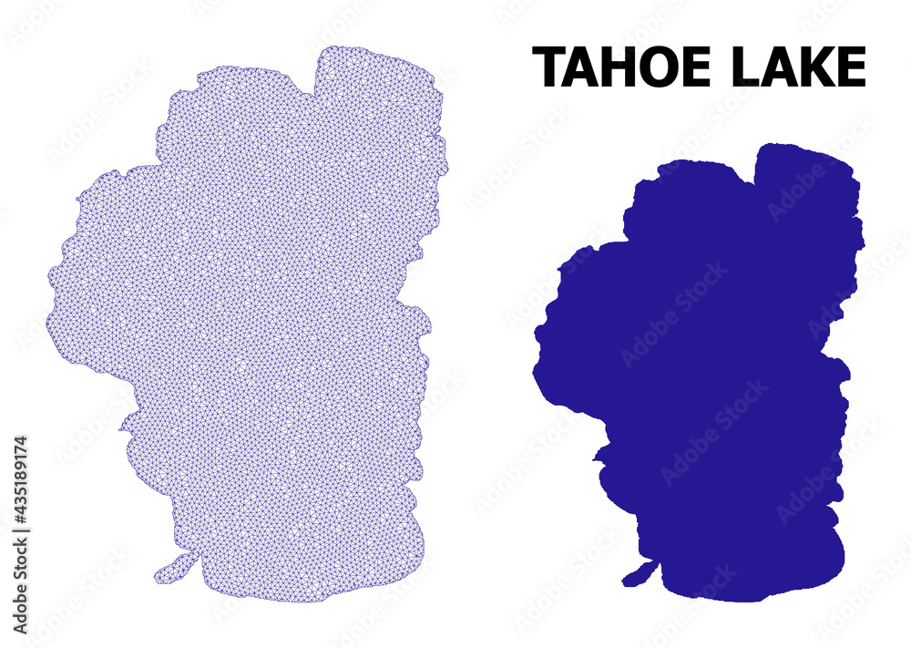 Polygonal mesh map of Tahoe Lake in high detail resolution. Mesh lines, triangles and points form map of Tahoe Lake.