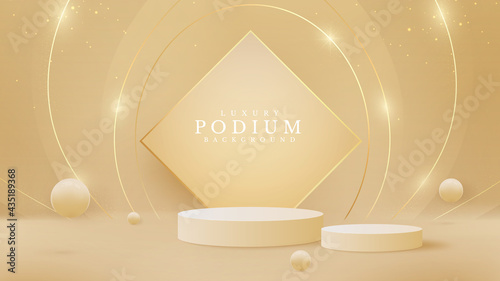 Realistic white product podium with golden circle round. Luxury 3d style background concept. Vector illustration for promoting sales and marketing.