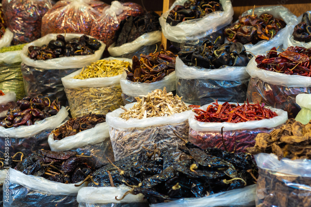 Fototapeta premium Spices at street market stall in San Miguel de Allende, Guanajuato, Mexico.