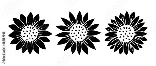 Sunflower simple icon set. Flower silhouette vector illustration. Sunflower graphic logo collection, hand drawn icon for packaging, decor. Petals frame, black silhouette isolated on white background.