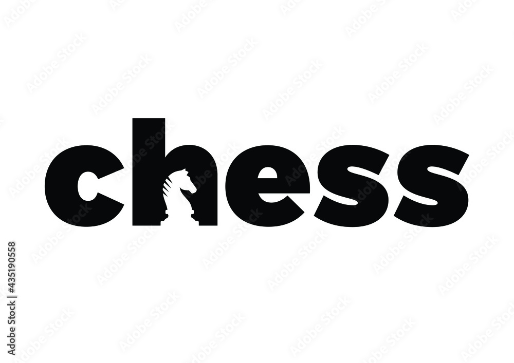 The word chess with knight embedded onto the letter H. Chess typography logo vector template. Isolated on white background.