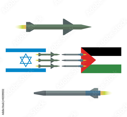 Palestine and Israel military conflict. The flag of Palestine and the flag of Israel. Rockets are flying towards the enemy. Vector illustration in flat style. Isolated clipart on white background wars