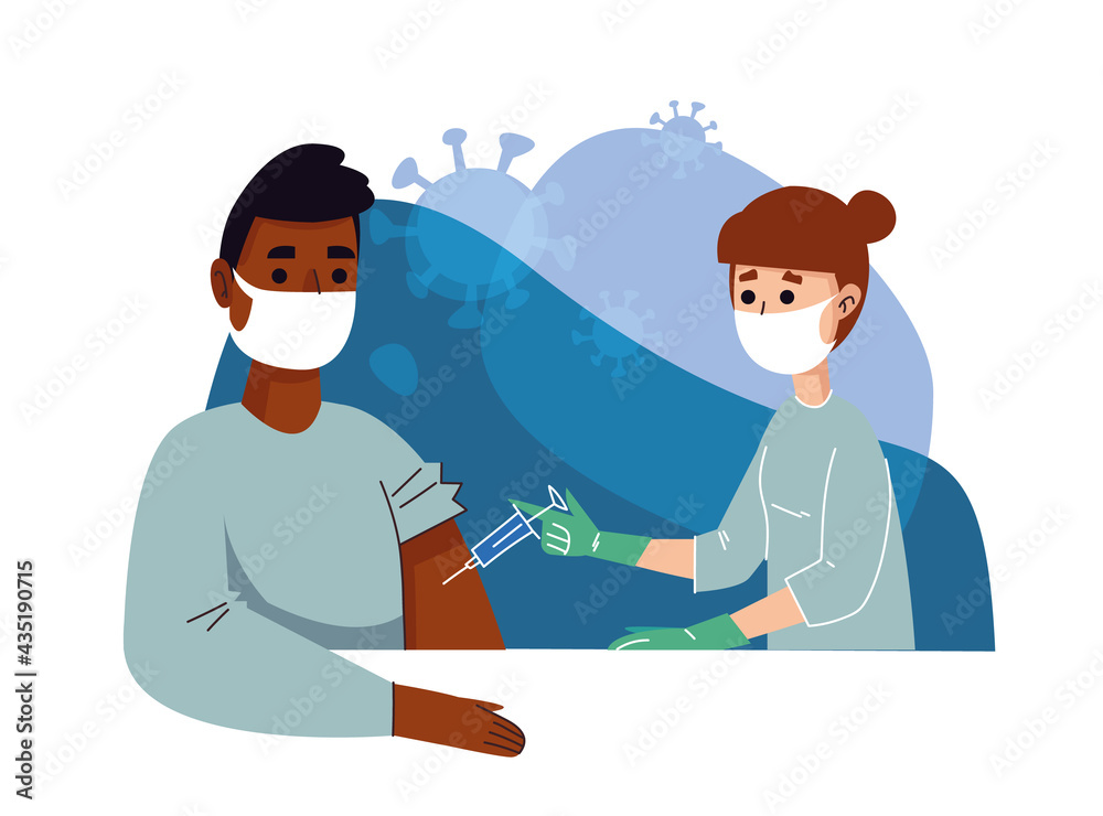 A female nurse makes an injection with a vaccine syringe in a mask. Vaccination against the Covid-19 virus. At the reception. Two people - a patient and a doctor. Isolated vector in flat cartoon style A female nurse makes an injection with a vaccine syringe in a mask. Vaccination against the Covid-19 virus. At the reception. Two people - a patient and a doctor. Isolated vector in flat cartoon style